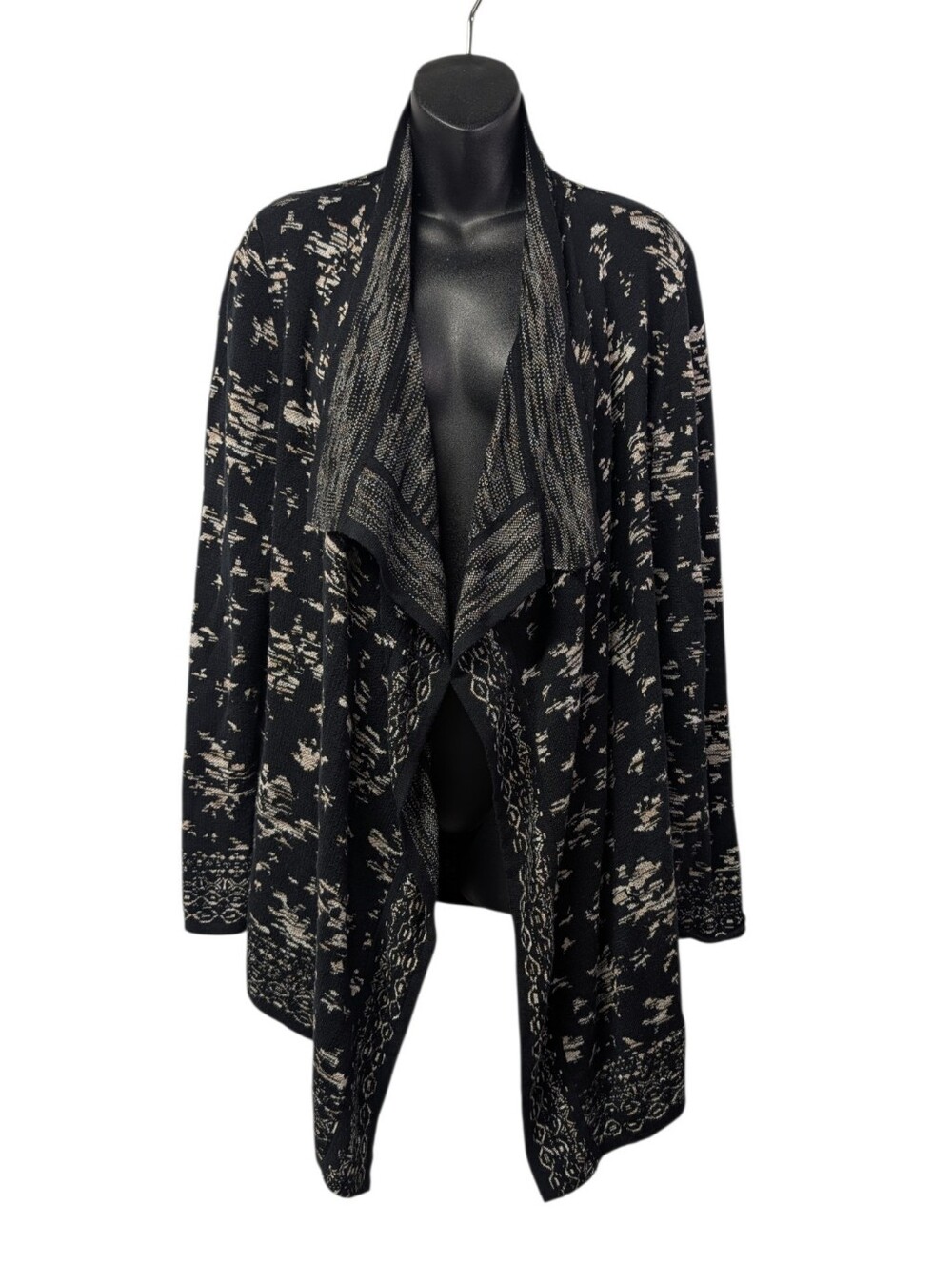 Cable & Gauge Women's Black/Beige Floral Knit Draped Open Front Cardigan Size L